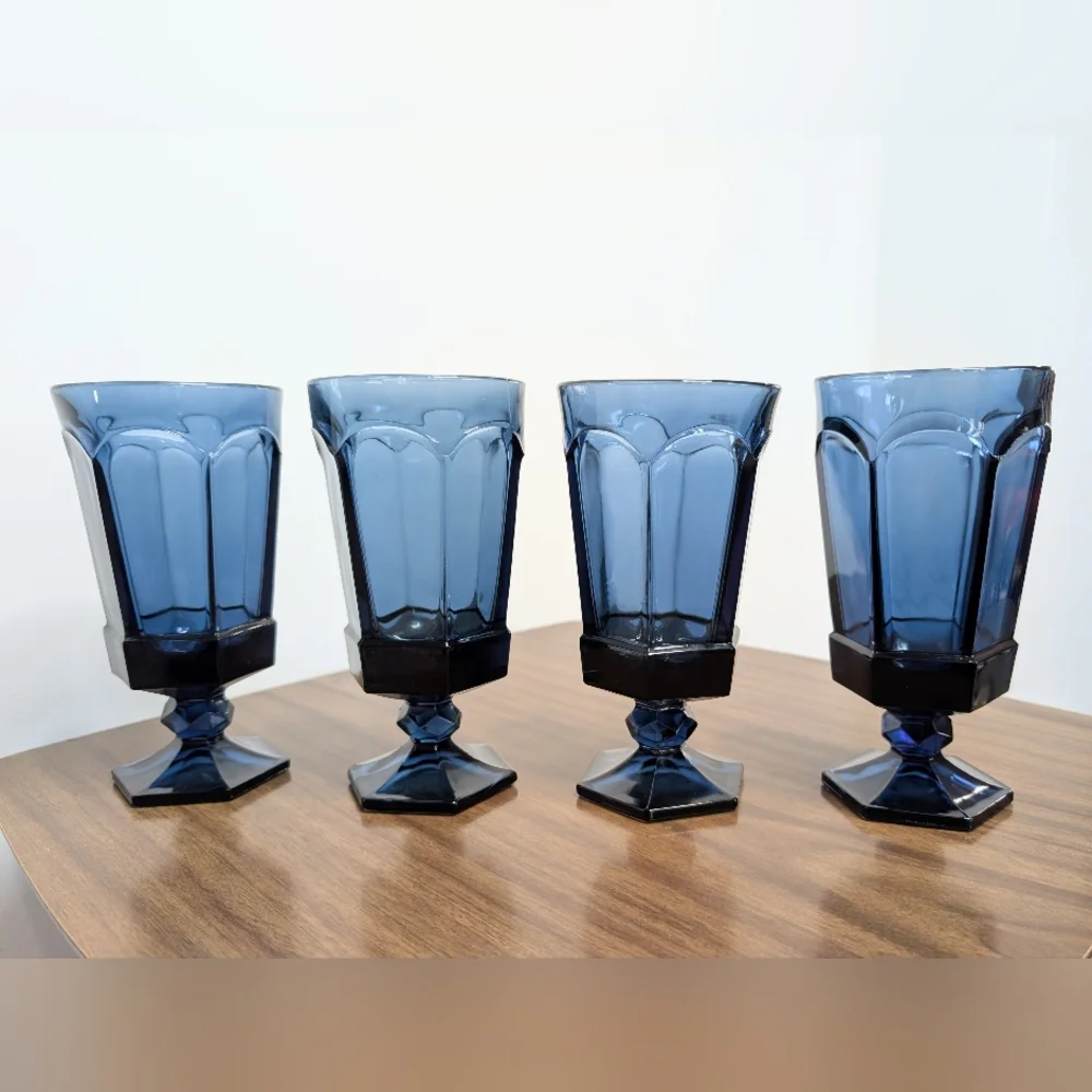 Set Of 4 Vintage 80s Dark Blue Virginia Pattern By Fostoria Ice Tea Glasses